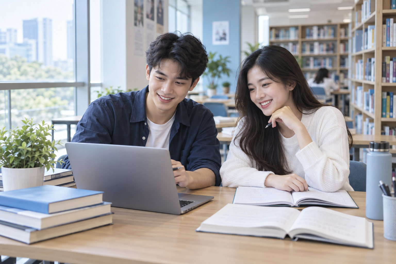 Hai sinh viên cùng học trong thư viện